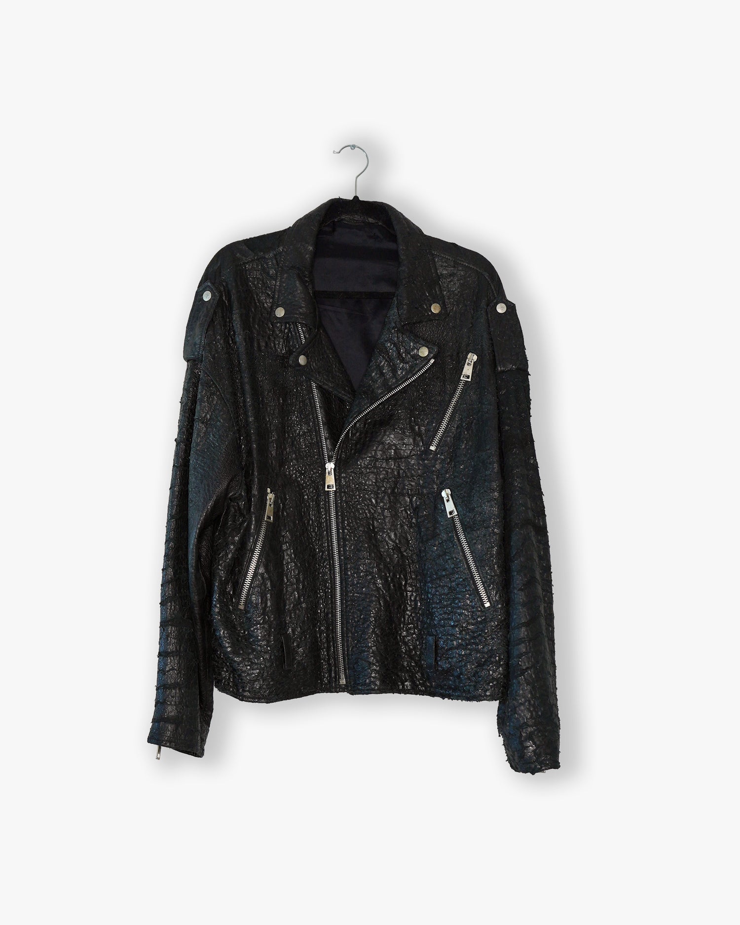 [#04] : Distressed Leather Biker Jacket – Black – L