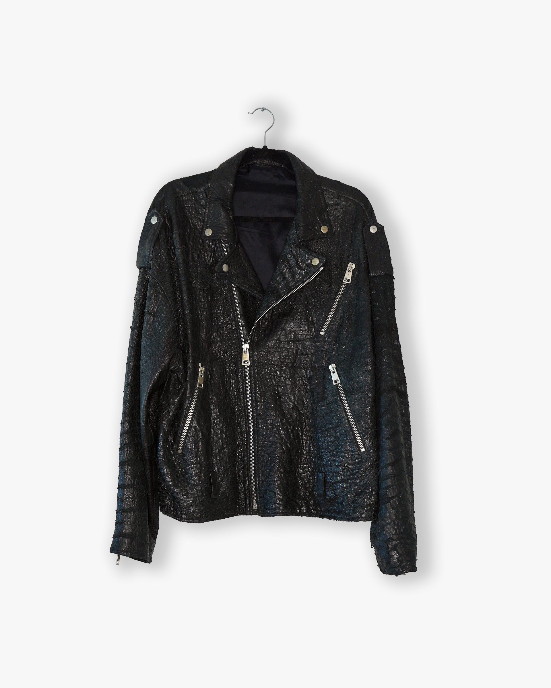 [#04] : Distressed Leather Biker Jacket – Black – L