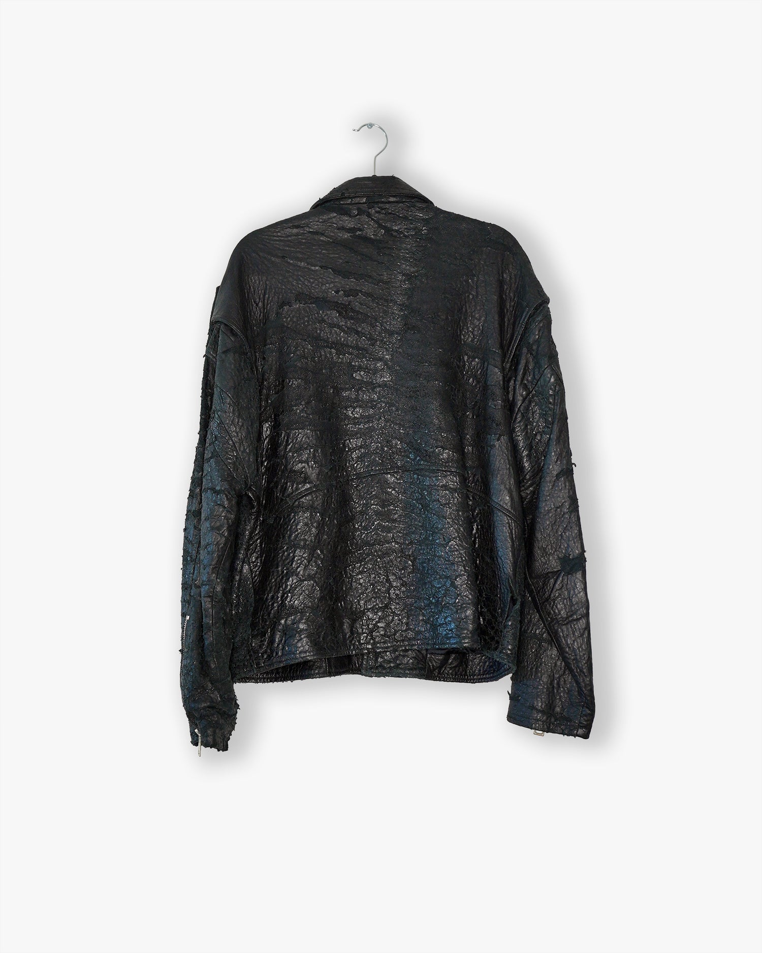 [#04] : Distressed Leather Biker Jacket – Black – L