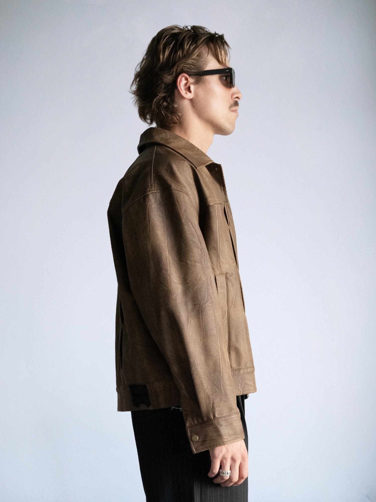 Oversize Brown Leather Trucker Jacket : Brown Pleather - BDK