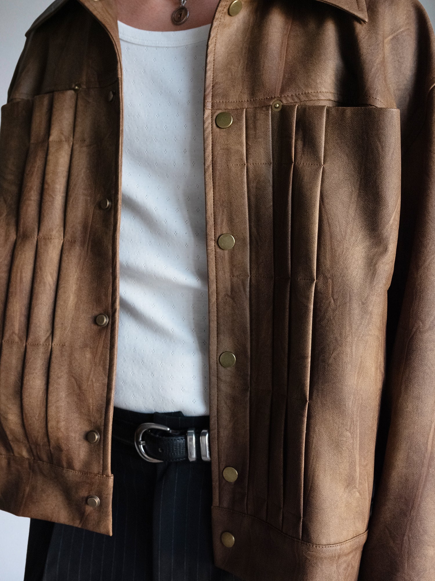Oversize Brown Leather Trucker Jacket : Brown Pleather - BDK