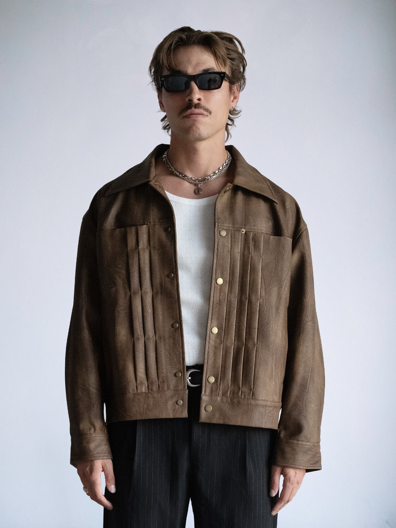Oversize Brown Leather Trucker Jacket : Brown Pleather - BDK